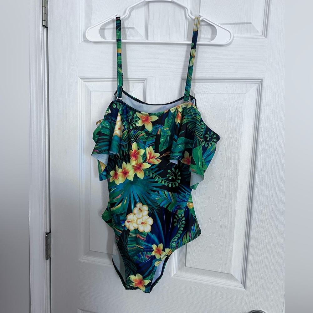 Women One Piece Bathing Suit Printed Shoulder Straps Ruched Swimwear